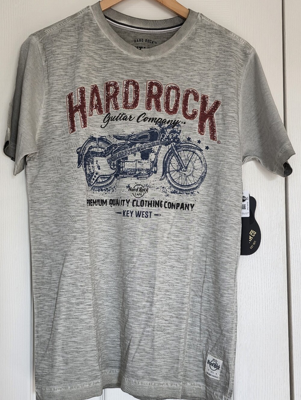 NWT Hard Rock Cafe Key West Grey Tee with Red Logo and Blue Motorcycle Graphic